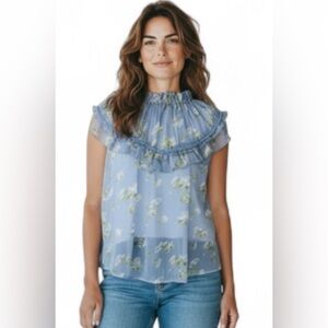 RANNA GILL BY ANTHROPOLOGY LAVENDER FIELDS FLORAL RUFFLE BLOUSE. SIZE: L